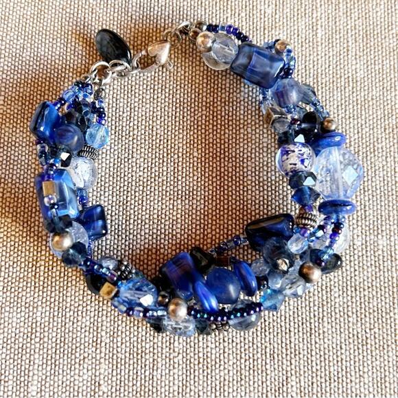Blue Chunky Glass Multi Strand Bracelet Sterling Silver 925 Heart Clasp - Picture 8 of 9